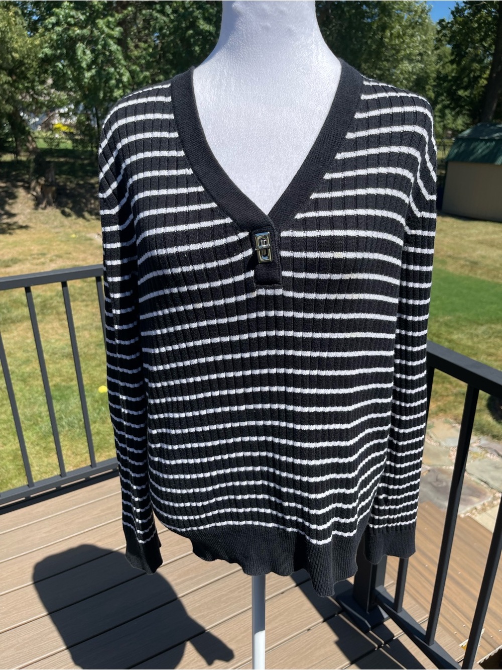Lauren Ralph Lauren Women’s Black White Striped Pullover Quiet Luxury XL Sweater